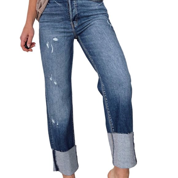 Blue High Waist Distressed Straight Leg Jeans - Picture 4 of 15